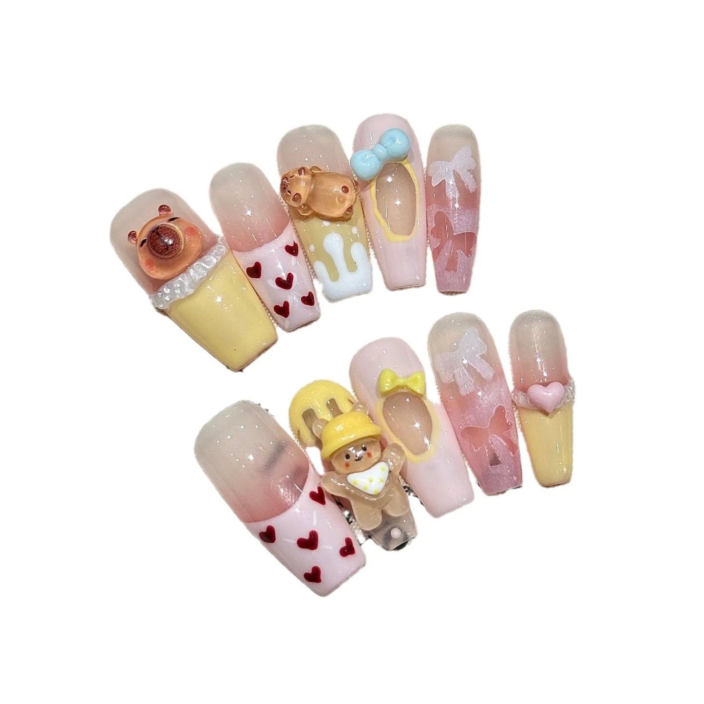 10 uñas postizas Kapibala hechas a mano, color rosa rubor, pintadas a mano, estilo francés, con lazos decorativos, uñas postizas para usar.