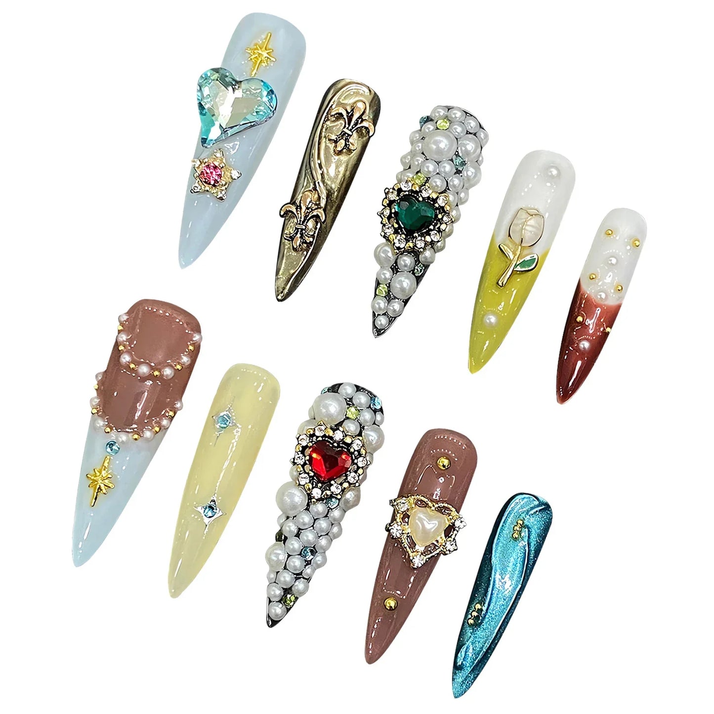 10 uñas postizas francesas hechas a mano con diseño de flores de tulipán, perla, corazón y diamante, uñas postizas de lujo para mujer.