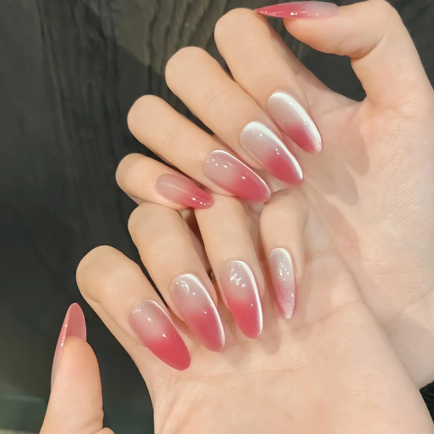 10 parches de uñas postizas con degradado de rubor, estilo ojo de gato, almendra, estilo francés, hechos a mano, para manicura sencilla DIY.