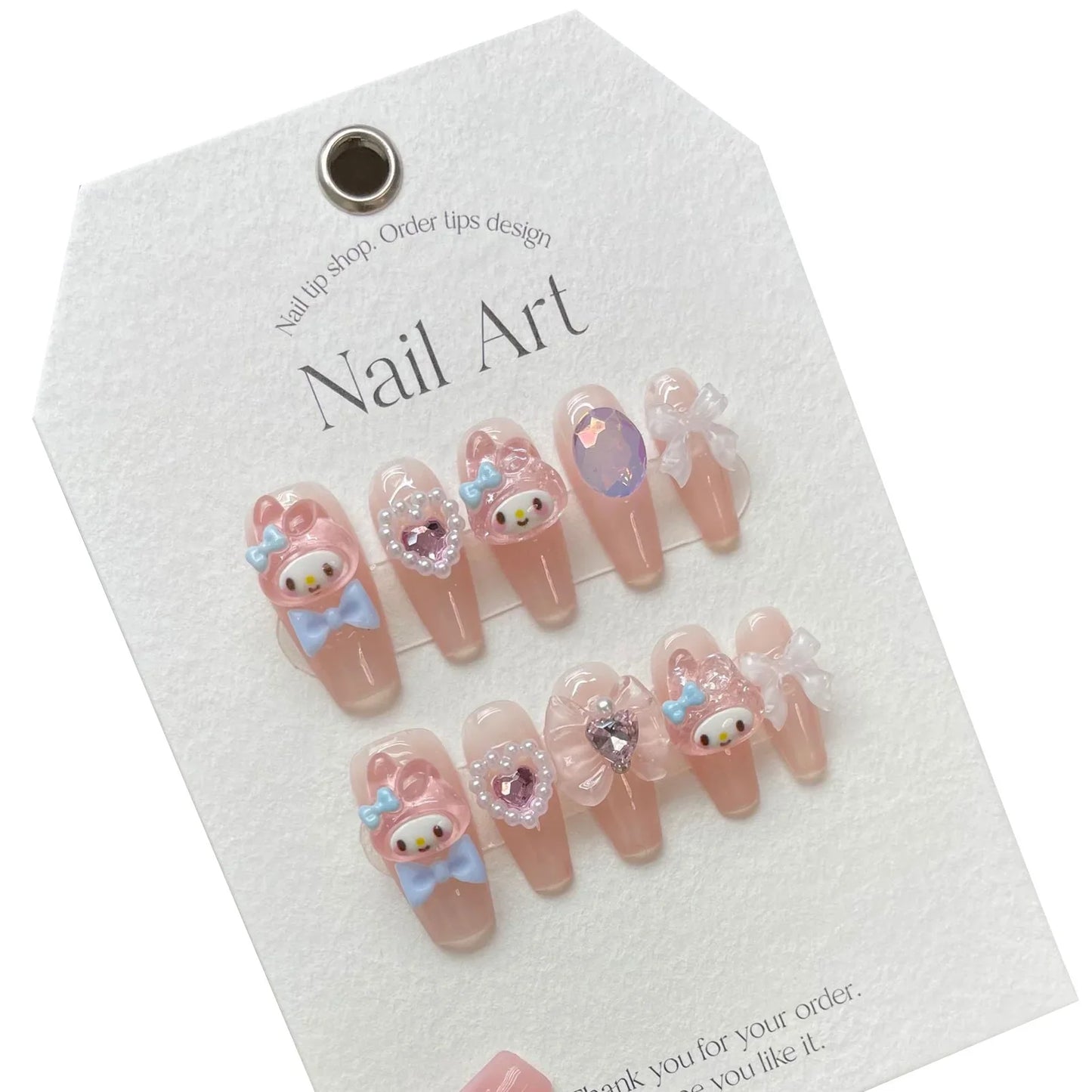 10 uñas postizas hechas a mano, color rosa claro, con diseño de dibujos animados, parches con lazos 3D y perlas, puntas de uñas postizas coreanas.