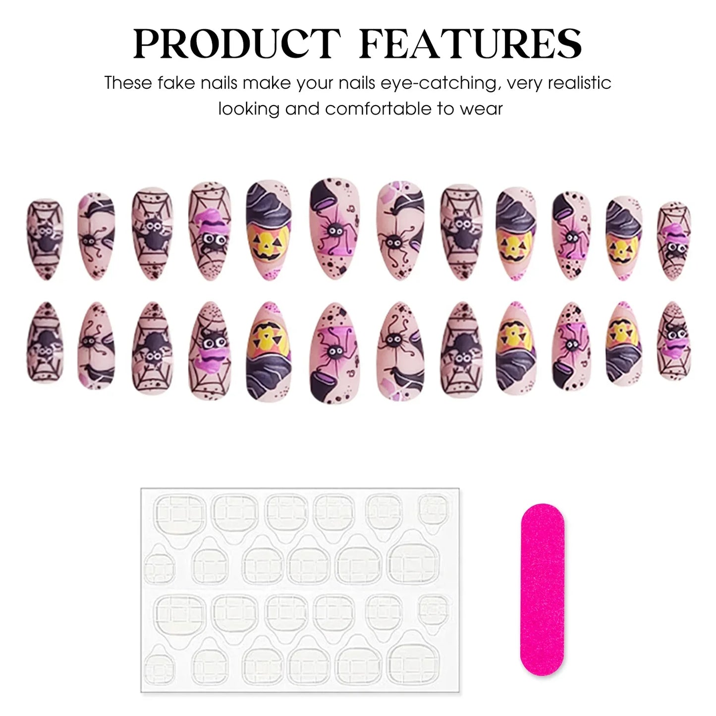 24 parches de uñas postizas de almendra para usar, con temática de Halloween, con diseño de araña bailando, murciélago y calabaza, manicura DIY.