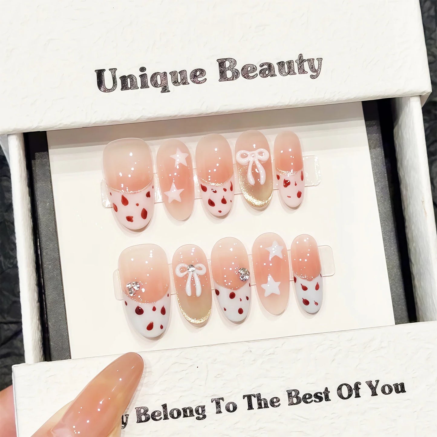 10 uñas postizas Y2k con lazo y estrellas, diseño de leopardo en rosa rubor, estilo francés, hechas a mano, con borde blanco y almendra.