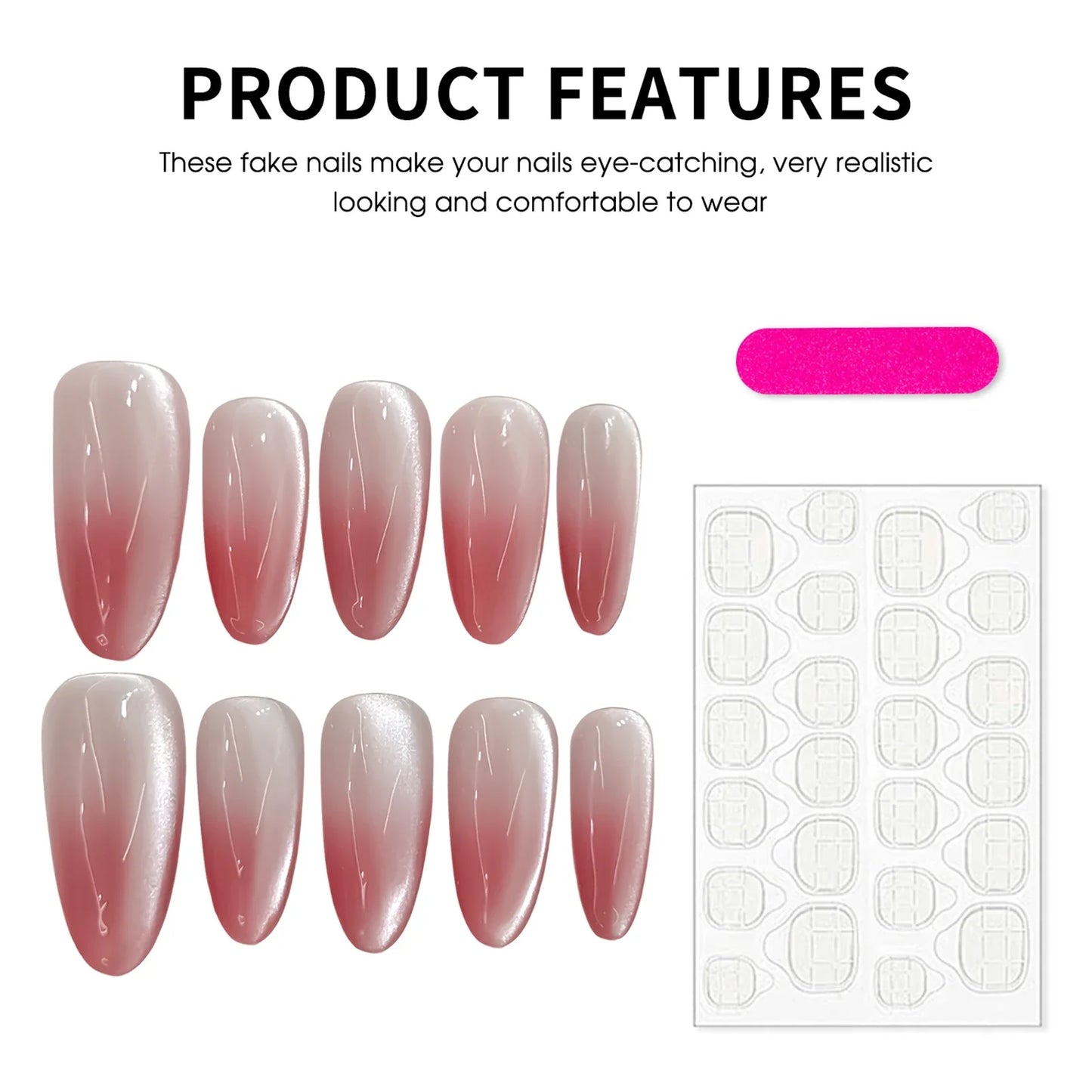10 parches de uñas postizas con degradado de rubor, estilo ojo de gato, almendra, estilo francés, hechos a mano, para manicura sencilla DIY.