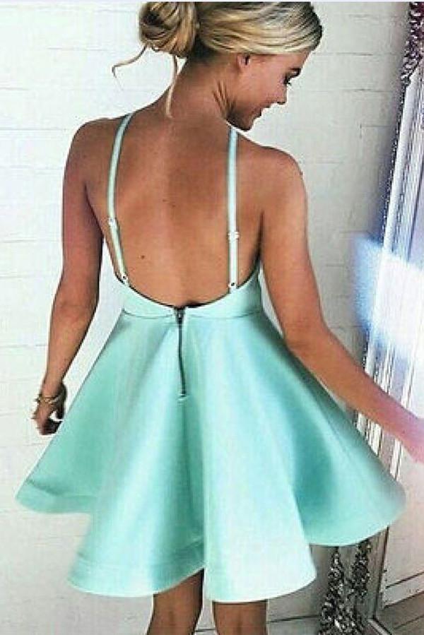 Neckholder-Ausschnitt A-Linie Rückenfrei Satin Homecoming Kleider Kurzes Ballkleid