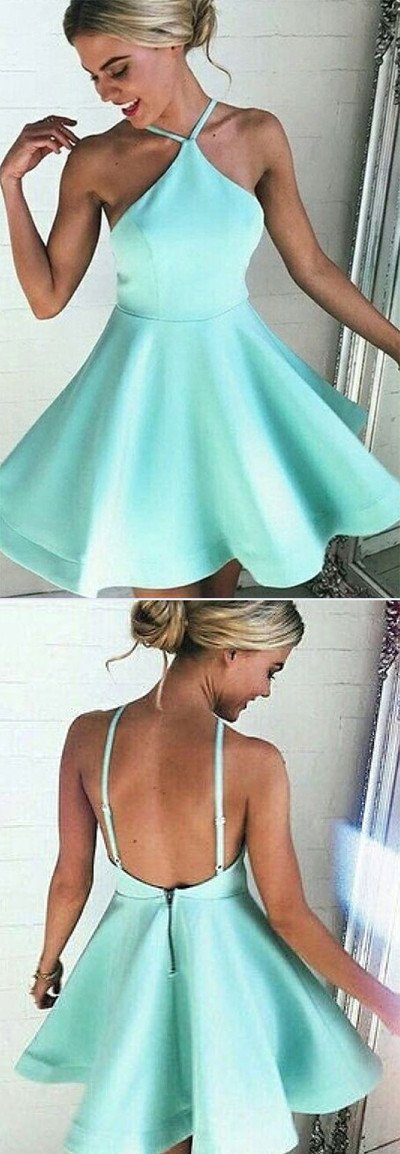 Neckholder-Ausschnitt A-Linie Rückenfrei Satin Homecoming Kleider Kurzes Ballkleid