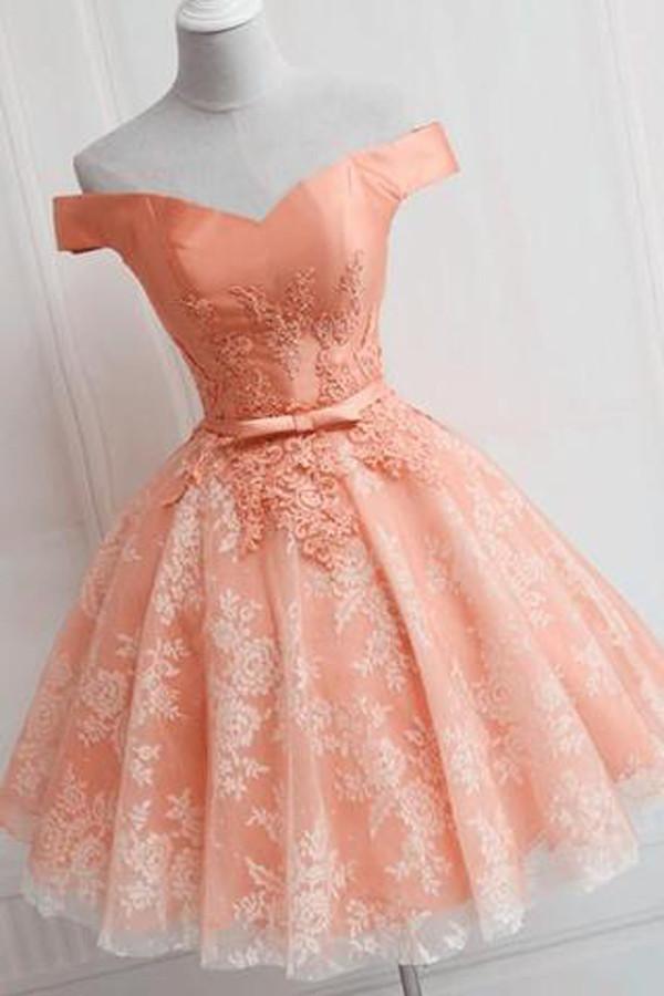 Simple A-line Off Shoulder Tulle Homecoming Dress with Appliques, Party Dress