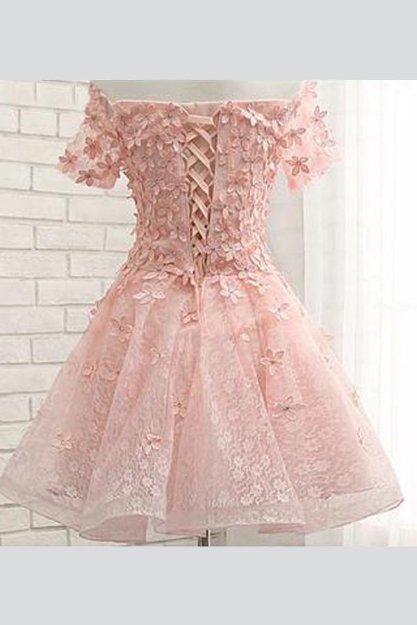 Rosa, schulterfreies Homecoming-Kleid aus Tüll mit Blumenmuster und Applikationen