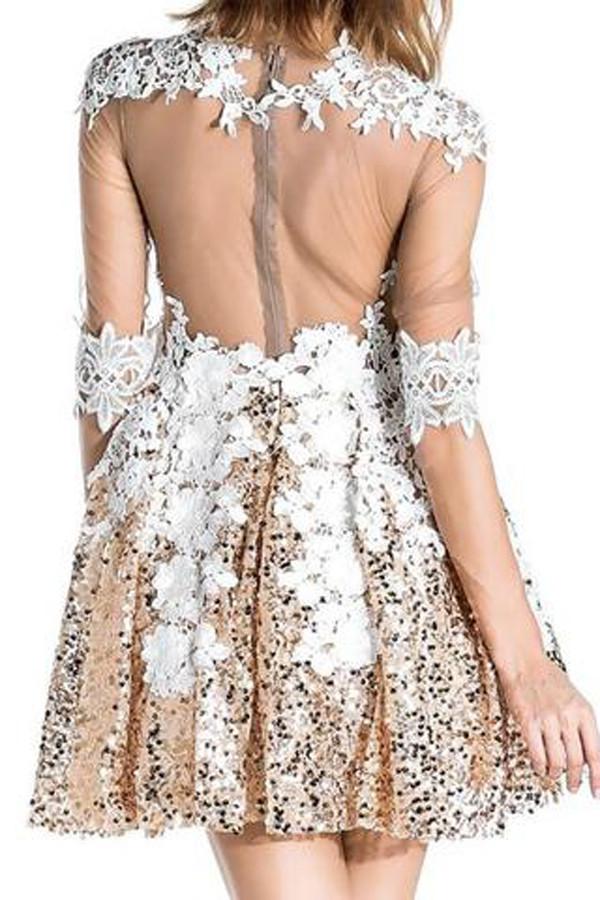 Kurzes Ballkleid mit Pailletten und Perlen, Halbarm, Applikationen, transparenter Rücken
