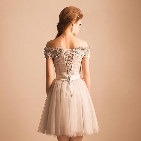 Off The Shoulder Tulle Short Prom Dress, Appliques Scoop Homecoming Dresses