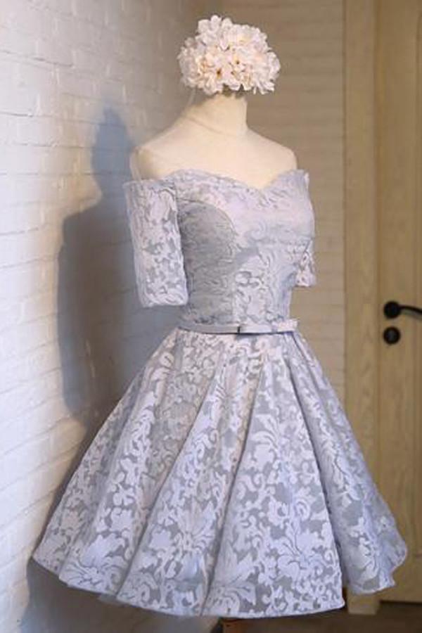 Graues, schulterfreies, halbärmeliges Homecoming-Kleid mit Schnürung und Applikationen