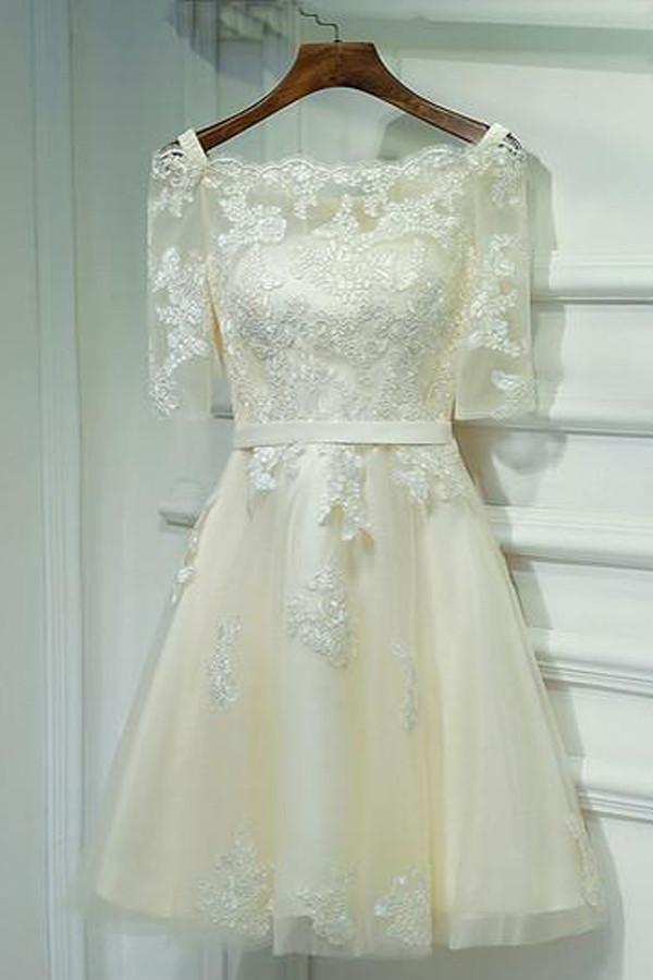 Ivory Half Sleeve Off Shoulder Lace Up Appliques Short Homecoming Dresses