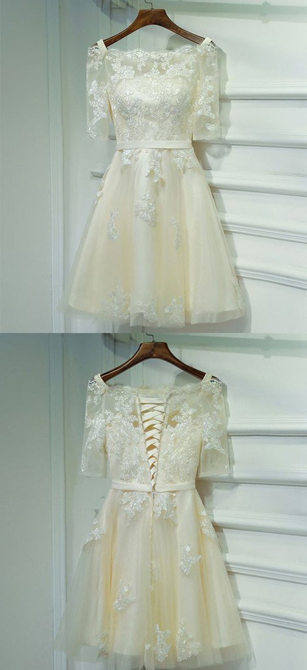 Ivory Half Sleeve Off Shoulder Lace Up Appliques Short Homecoming Dresses