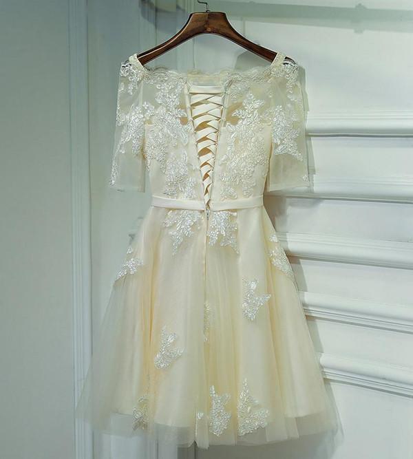 Ivory Half Sleeve Off Shoulder Lace Up Appliques Short Homecoming Dresses