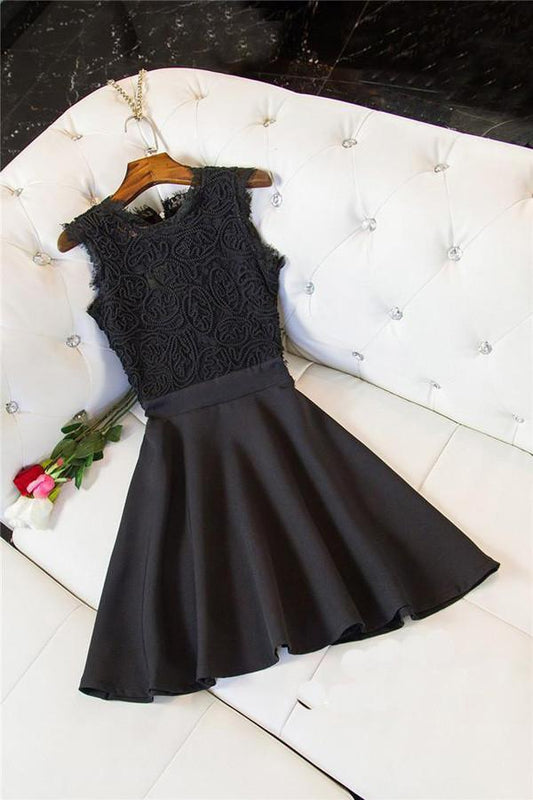 Vestido de fiesta corto negro sencillo con escote redondo, vestido de fiesta económico para el regreso a casa.
