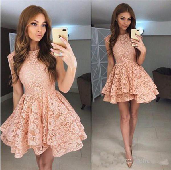 Coral Lace Puffy Appliques Short Prom Dress,Tiered Cheap Homecoming Dress