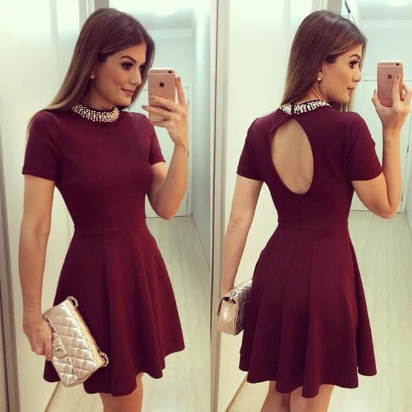 Burgundy High Neck Short Sleeve Keyhole Back Beaded Cheap Homecoming Dress