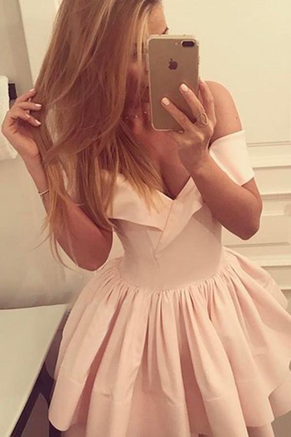 Light Pink Off Shoulder Deep V Neck Ball Gown Homecoming Dress,Party Dress