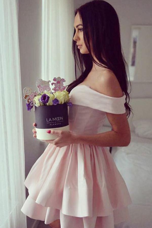Light Pink Off Shoulder Deep V Neck Ball Gown Homecoming Dress,Party Dress