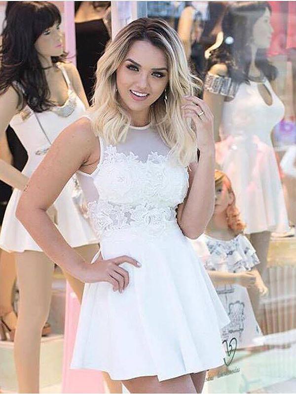 White A-line Sheer Back Homecoming Dress, Party Dresses with Appliques