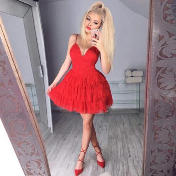Red V Neck Spaghetti Straps Ruffles Cheap Homecoming Dress, Graduation Dress