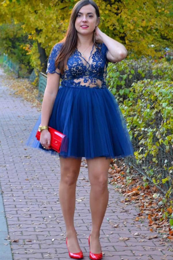 Dark Blue Deep V Neck Short Sleeve Sheer Homecoming Dress with Appliques