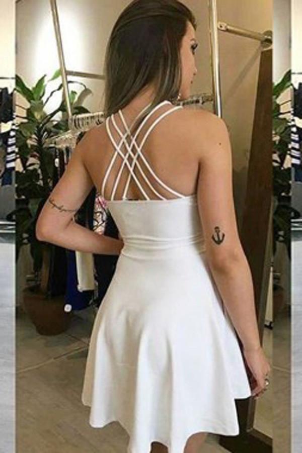 Vestidos de fiesta de bienvenida baratos online, únicos, blancos, sin tirantes, de satén, con lazo en la espalda.