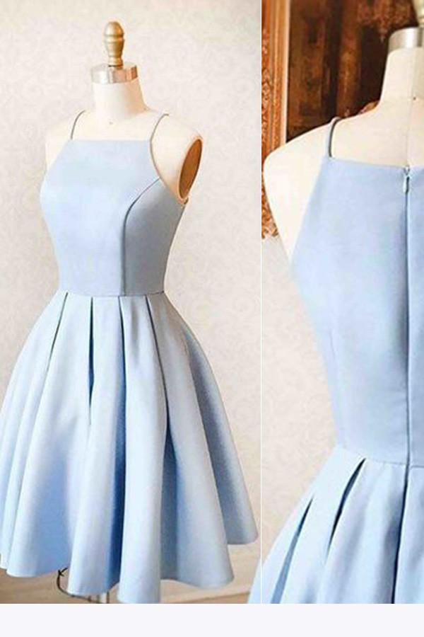 Blaues, schlichtes Mini-Heimkehrkleid aus Satin für Teenager, kurzes Ballkleid