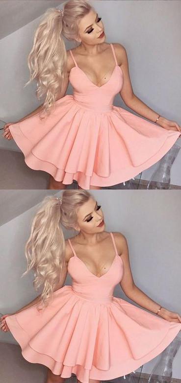 Pink Simple V neck Spaghetti Straps Homecoming Dresses, Short Prom Dresses