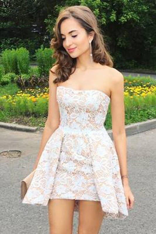 Elegante vestido de fiesta corto sin tirantes de encaje blanco, vestido de fiesta corto económico