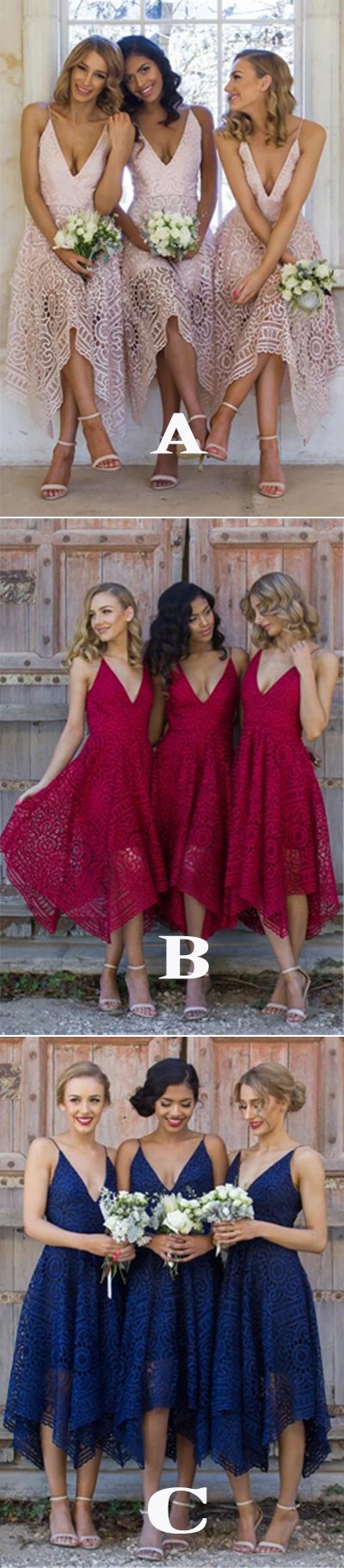 Royal Blue Lace V Neck Spaghetti Straps Bridesmaid Dress, Cheap Homecoming Dress