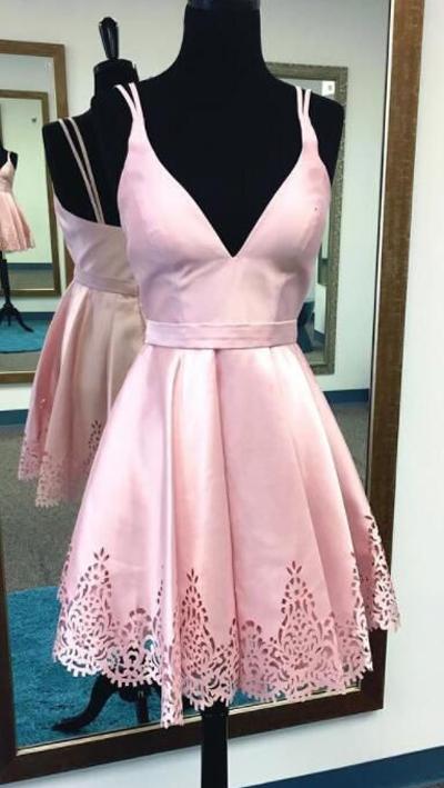 Red A-Line Deep V-Neck Satin Homecoming Dress, Short Prom Dresses, MH302