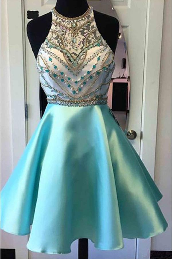Light Green Beaded Halter Knee Length Homecoming Dress Graduation Dresses