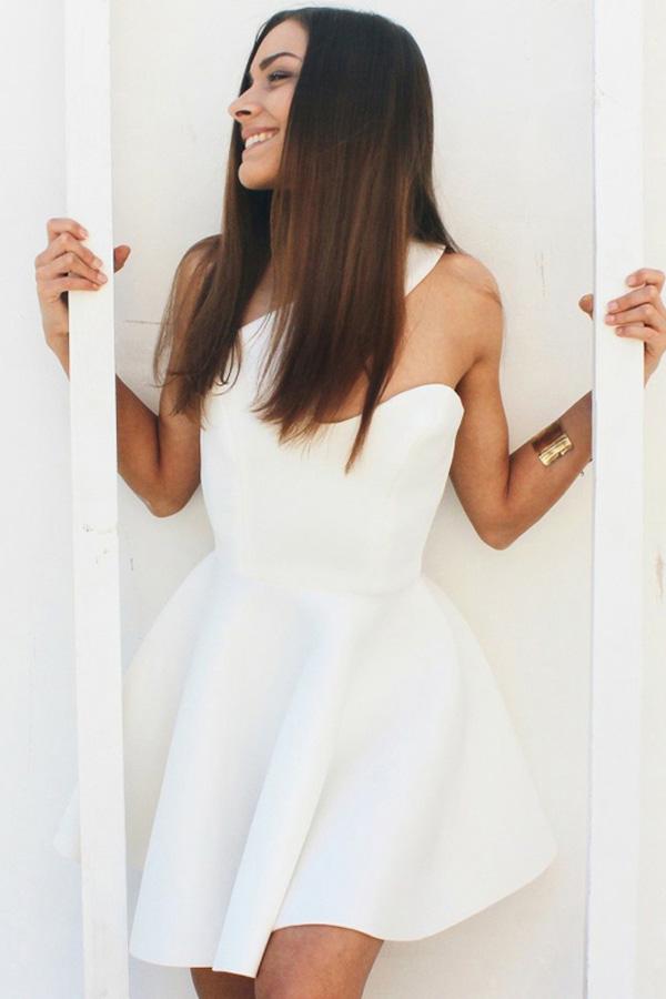 Weiße ärmellose One-Shoulder-Schlichte Satin Homecoming Kleider