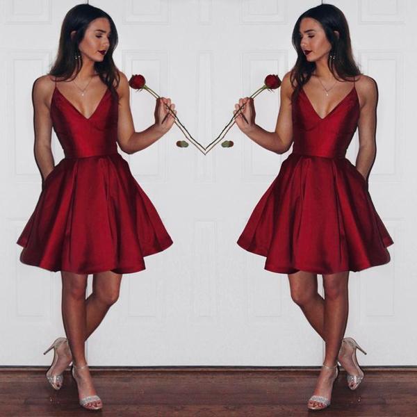 Vestido de fiesta sencillo de tafetán burdeos con escote en V, corte A y tirantes finos