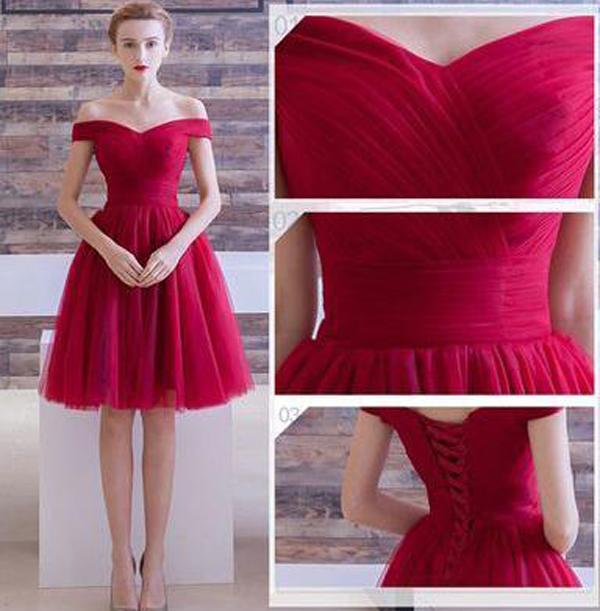 Red Tulle A Line Off The Shoulder Homecoming Dresses Short Prom Dresses