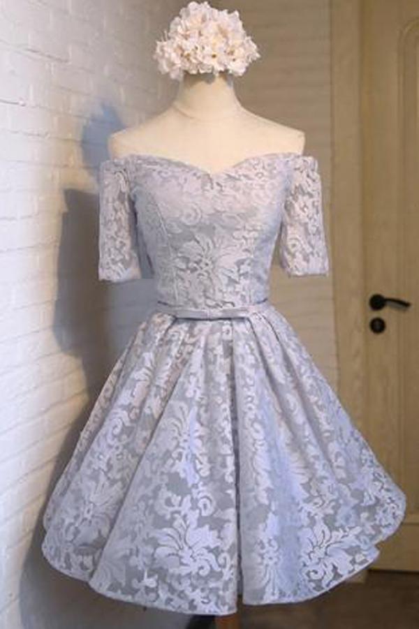 Cute Tulle Off Shoulder Half Sleeves A-Line Homecoming Dresses
