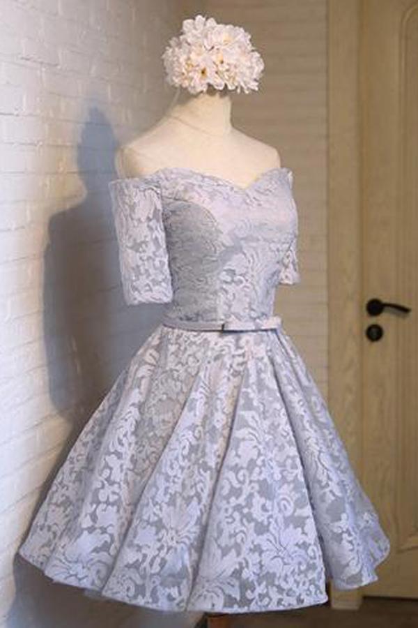 Cute Tulle Off Shoulder Half Sleeves A-Line Homecoming Dresses