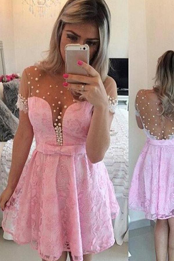 Cute Pink A-Line Scoop Neck Tulle Homecoming Dresses With Sleeve