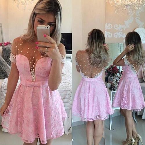 Cute Pink A-Line Scoop Neck Tulle Homecoming Dresses With Sleeve