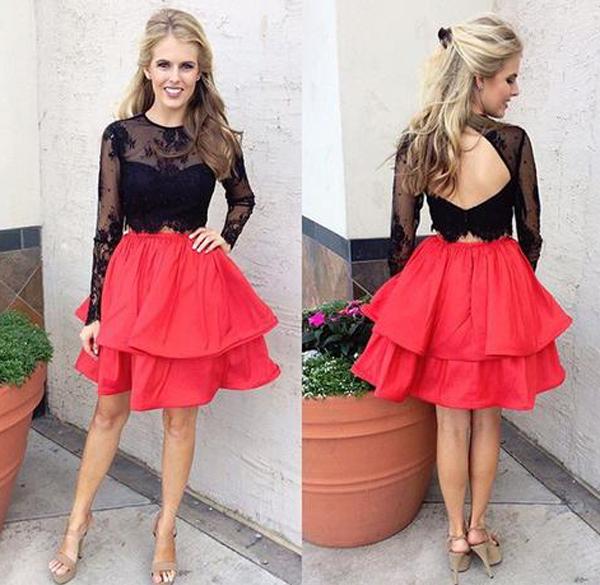 Roter Zweiteiler Schwarzer Spitzenrock Langarm Homecoming Kleid, Kurzes Abschlussballkleid