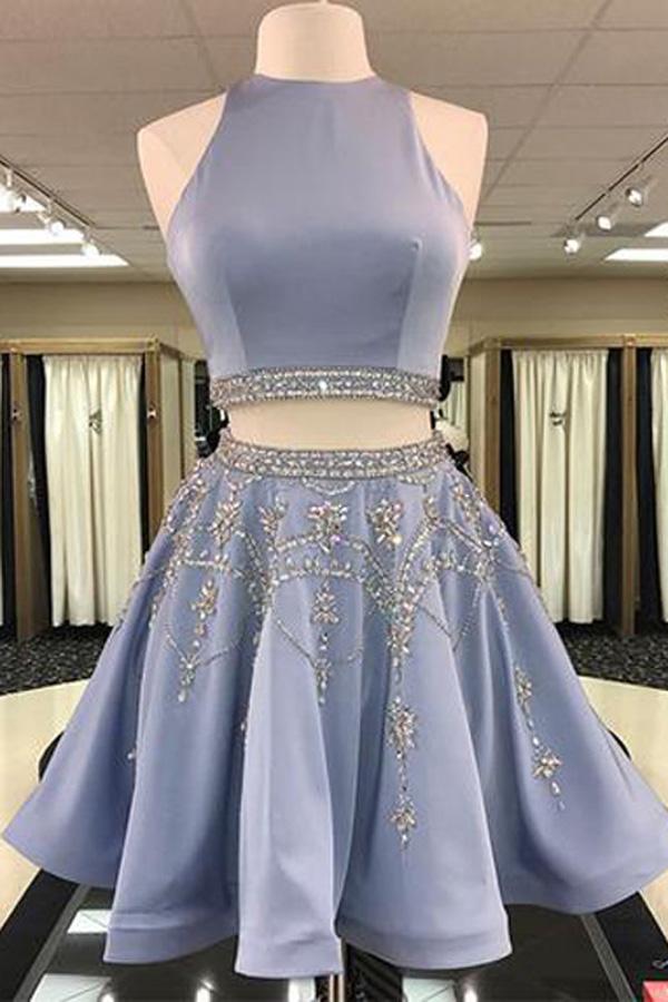 Zweiteiliges A-Linien-Juwelen-ärmelloses kurzes Ballkleid, Homecoming-Kleid mit Perlen