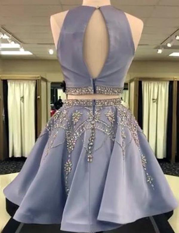 Zweiteiliges A-Linien-Juwelen-ärmelloses kurzes Ballkleid, Homecoming-Kleid mit Perlen