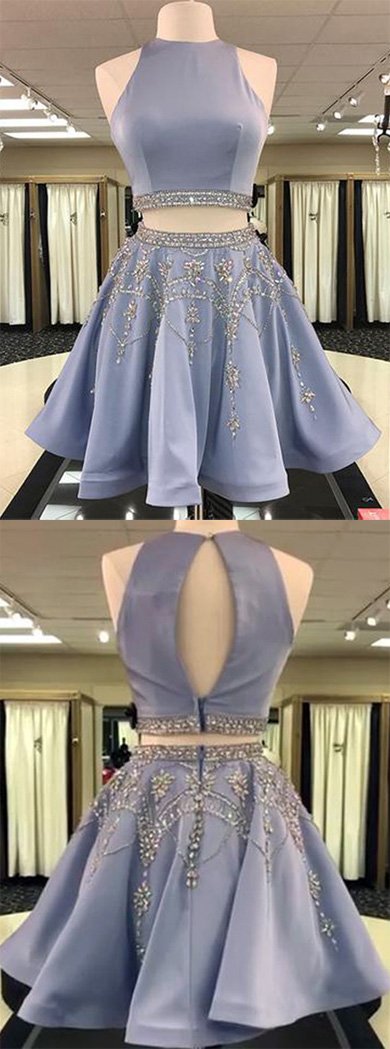 Zweiteiliges A-Linien-Juwelen-ärmelloses kurzes Ballkleid, Homecoming-Kleid mit Perlen