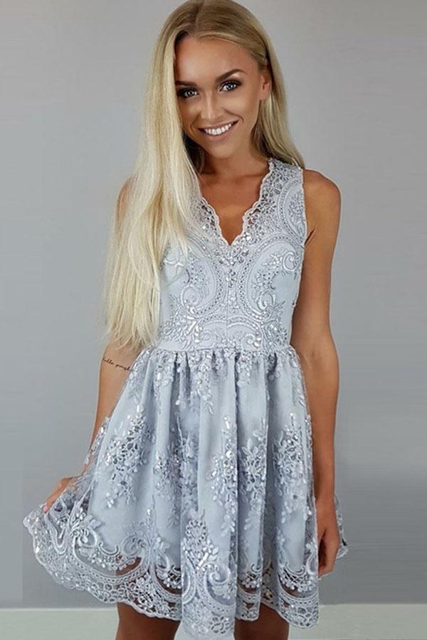 Vestido de fiesta de satén con encaje hasta la rodilla, corte A y escote en V, vestidos de bienvenida