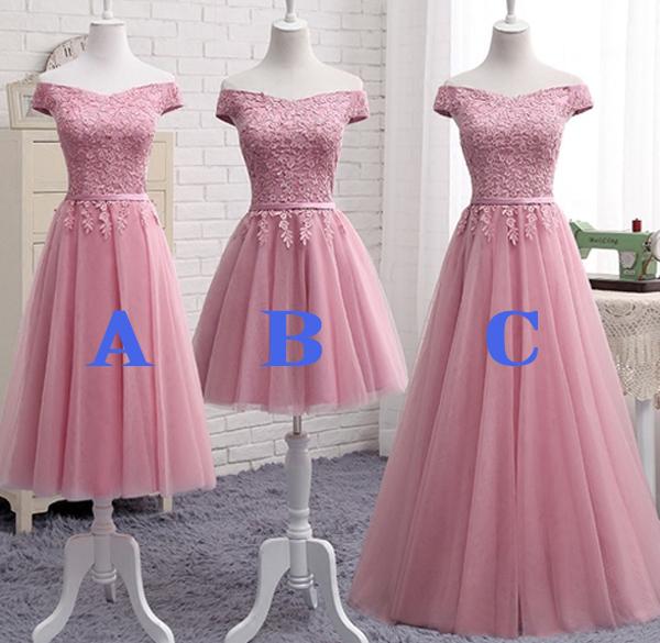 Pink Off Shoulder A Line Lace Short Prom Dresses, Cheap Evening Dresses