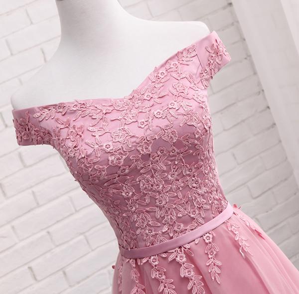 Pink Off Shoulder A Line Lace Short Prom Dresses, Cheap Evening Dresses