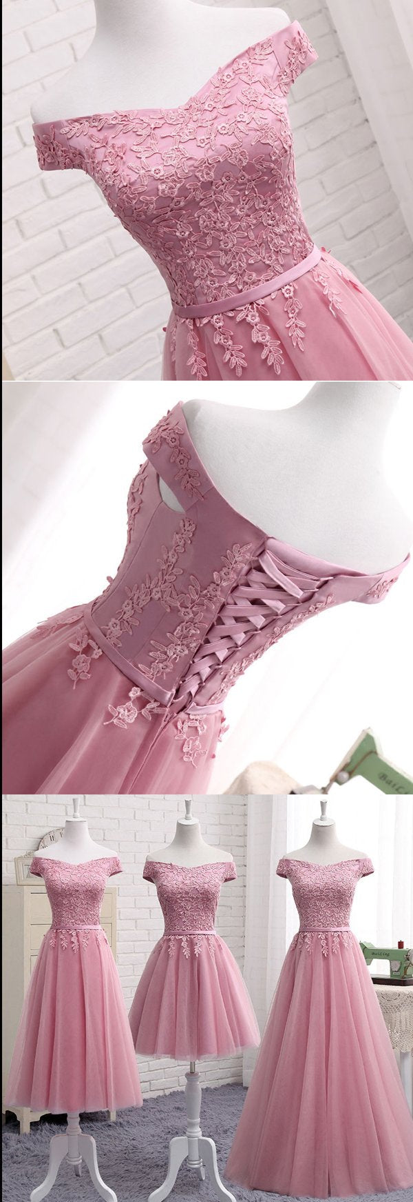 Pink Off Shoulder A Line Lace Short Prom Dresses, Cheap Evening Dresses