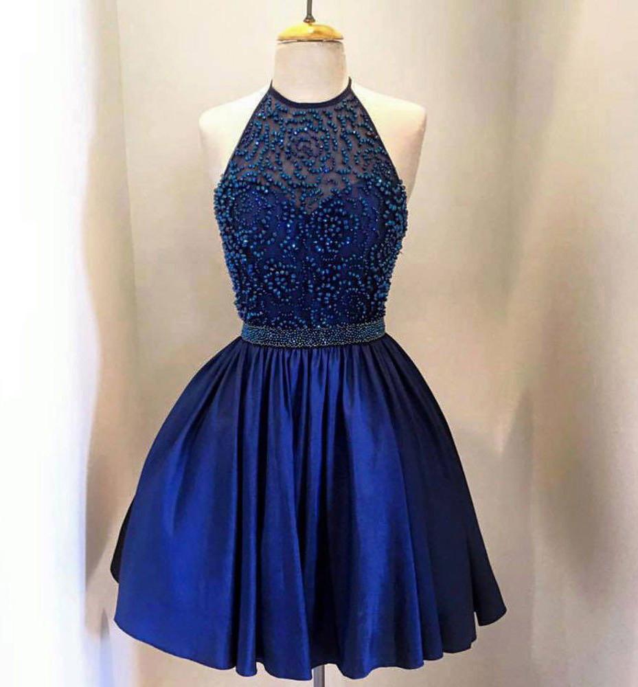 Königsblaues Taft-Heimkehrkleid mit hohem Halsausschnitt und Perlen