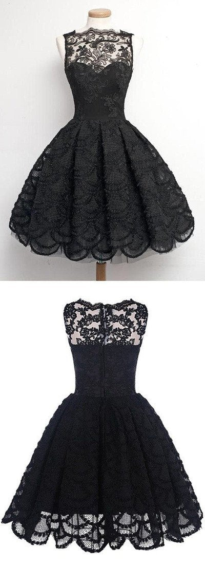 Schwarzes A-Linien-Kleid mit gewelltem Rand im Vintage-Stil, kurzes Ballkleid