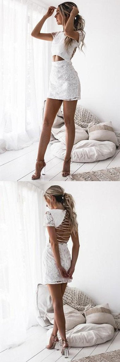 Cute Tight White Lace Lace-Up Back Short Sleeves Homecoming Dresses For Girls, MH410